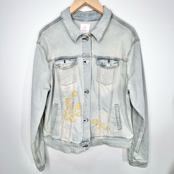 LuLaRoe Harvey Embroidered Yellow Rose Light Wash Stretch Denim Jacket 2XL - Picture 1 of 9